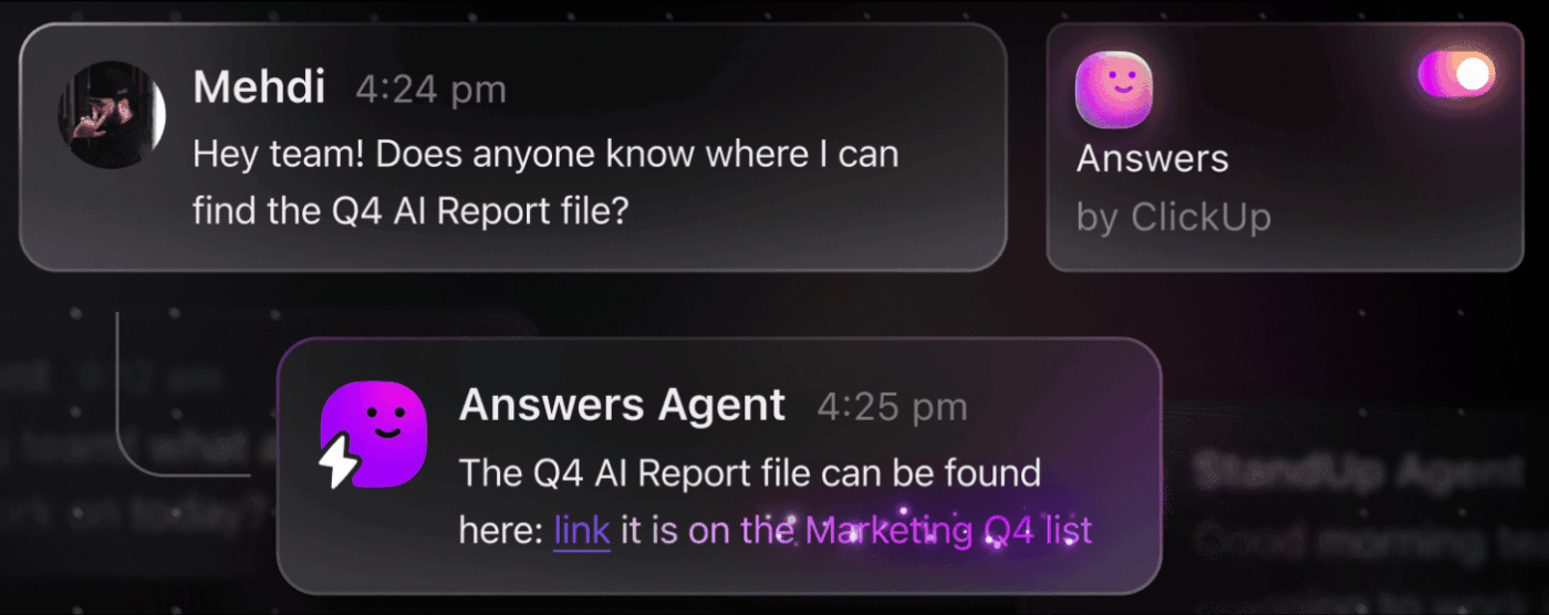 Get reports and data immediately from your workspace with ClickUp Agents