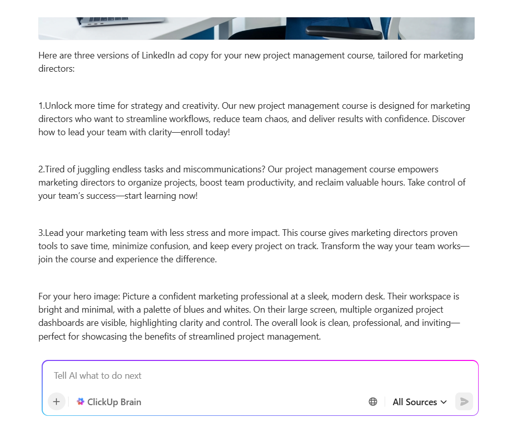 ClickUp Brain: Ask AI to write your message text