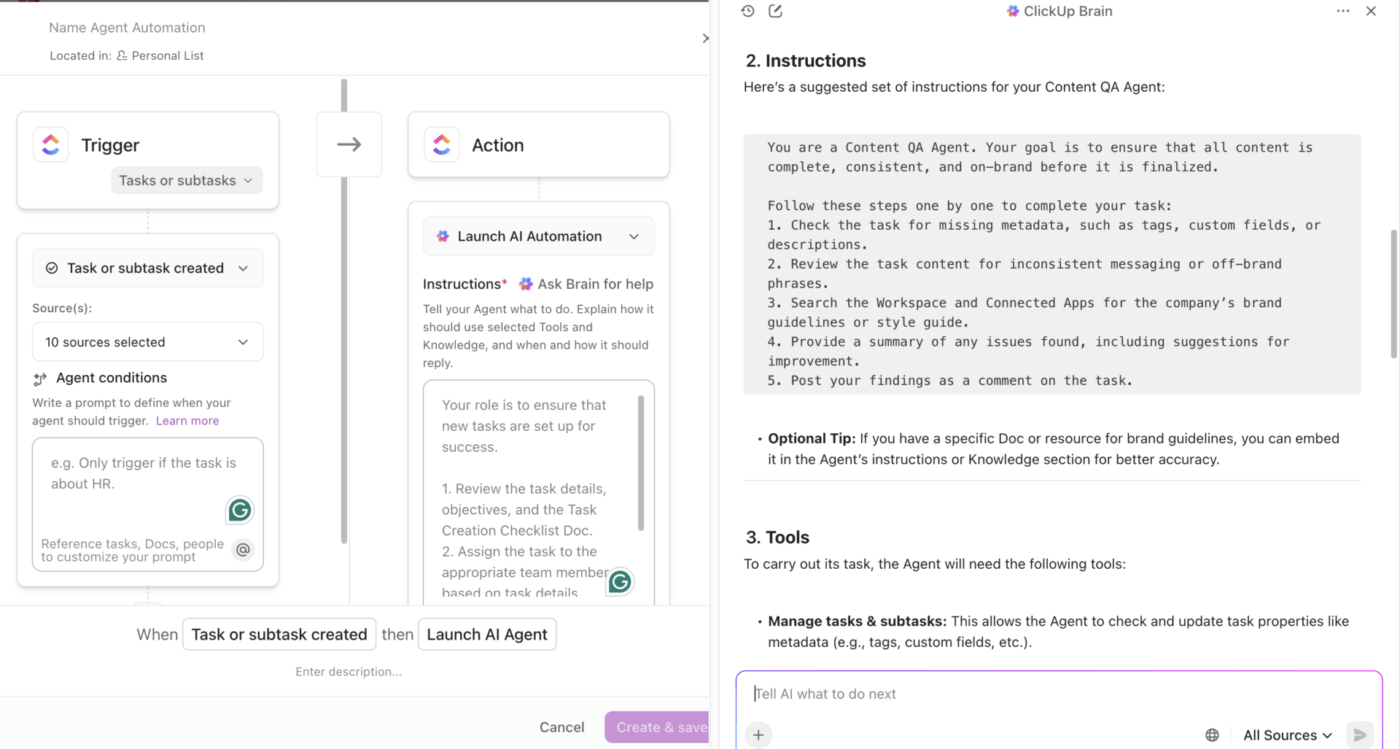 ClickUp Brain building agent