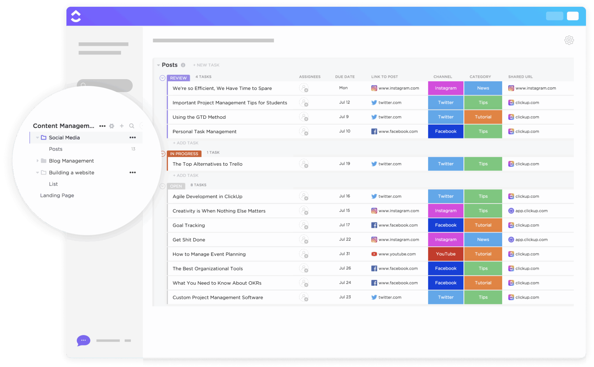 Bring all social platforms under one clear workflow with the ClickUp Social Media Advanced Template 
