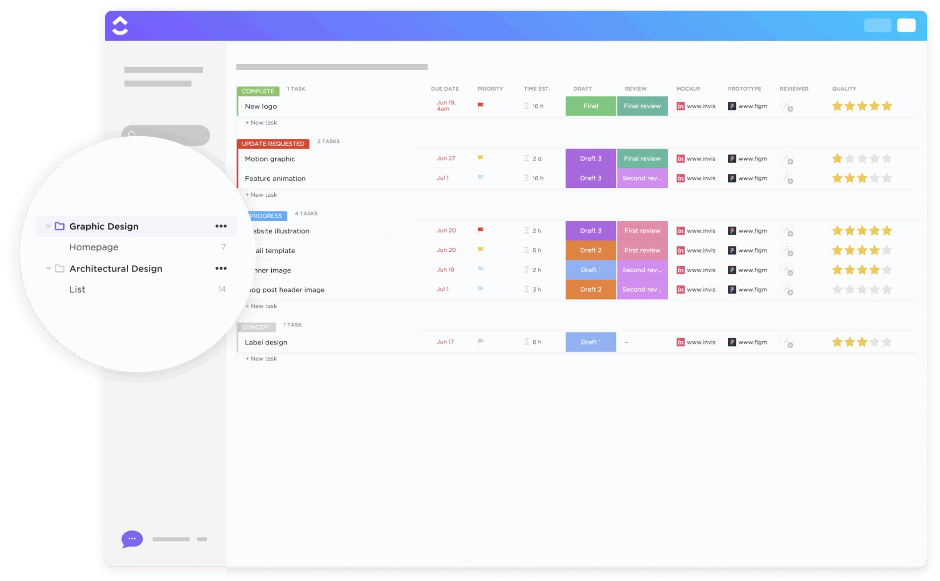 Bring order to creativity with the ClickUp Graphic Design Workflow Template to easily manage briefs, revisions, and approvals
