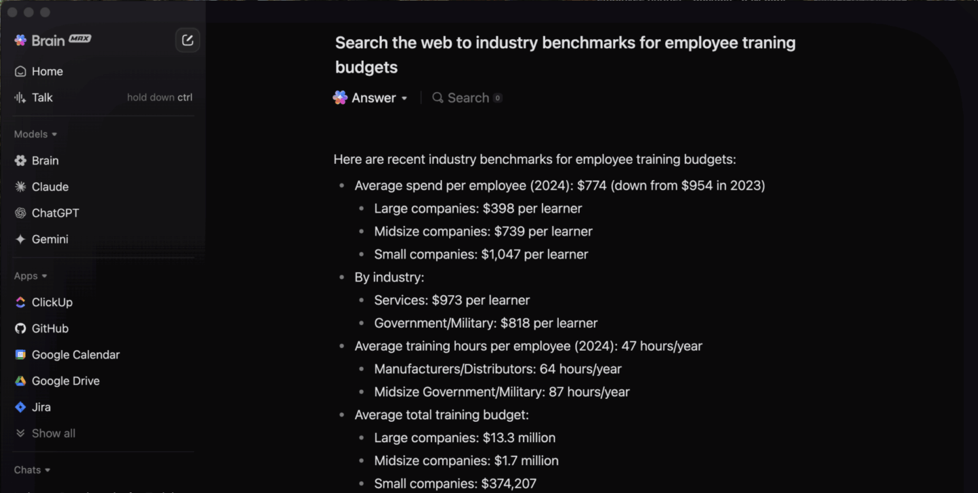 Industry benchmarks for employee training budgets using ClickUp BrainGPT