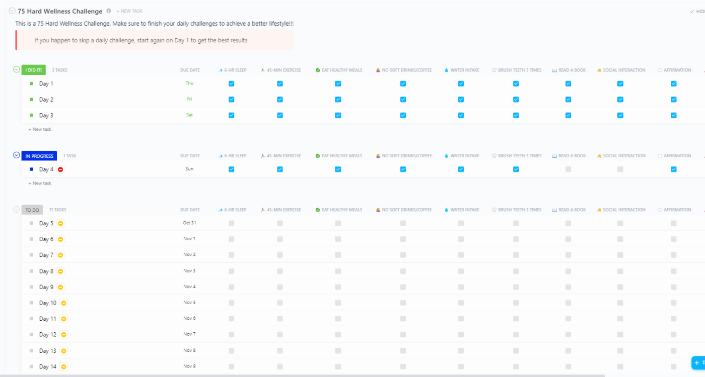 ClickUp 75 Hard Wellness Challenge-sjabloon