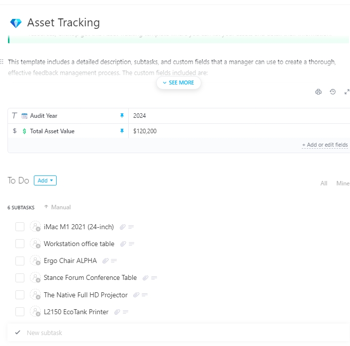 ClickUp Asset Tracking Template