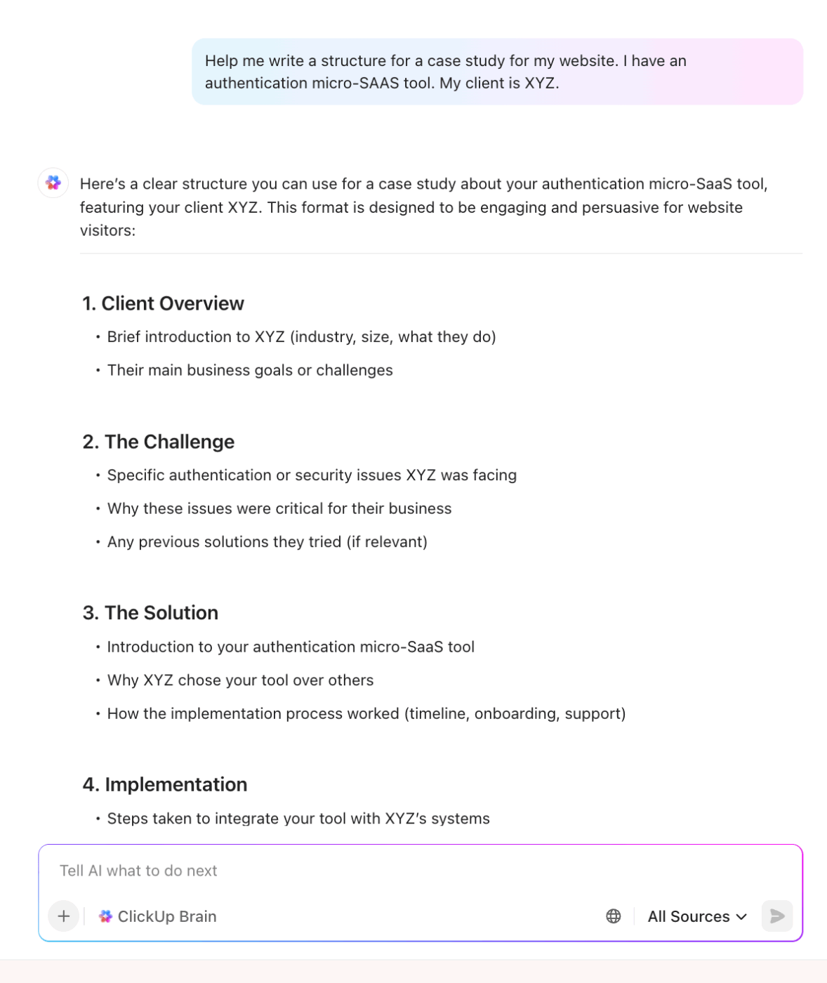 ClickUp Brain- Write content suited to your tone and voice
