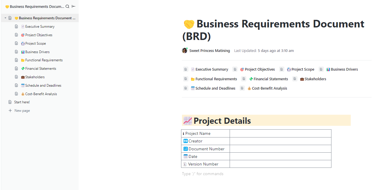 ClickUp Business Requirements Template