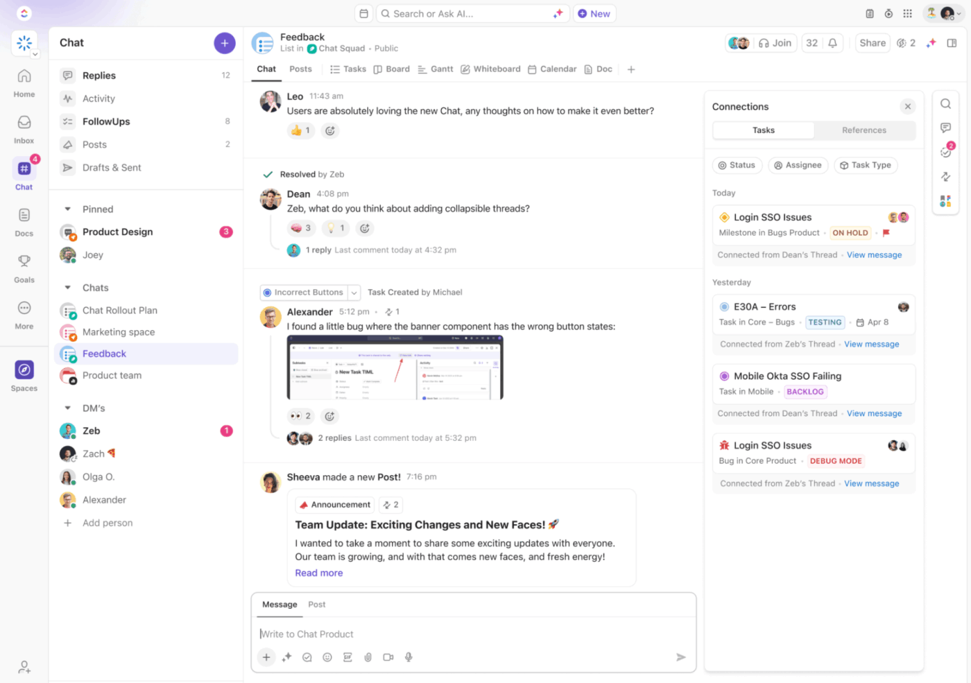 ClickUp Chat: Part of the unified workspace software, turn conversations into action