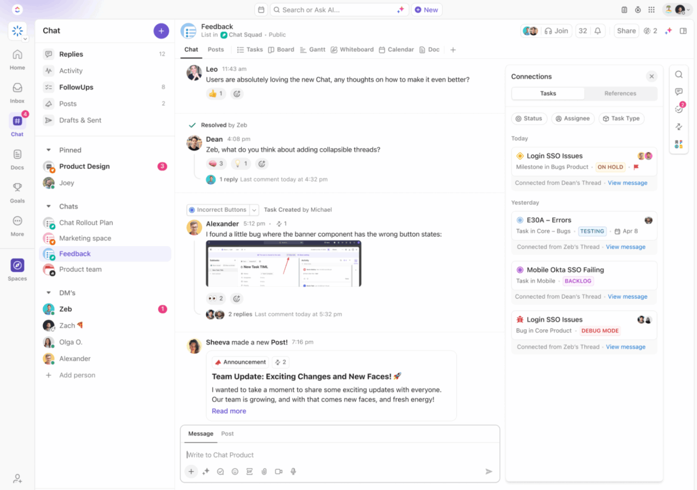 ClickUp Chat: Collaborate in real time with threads reactions and quick decisions directly inside your workspace