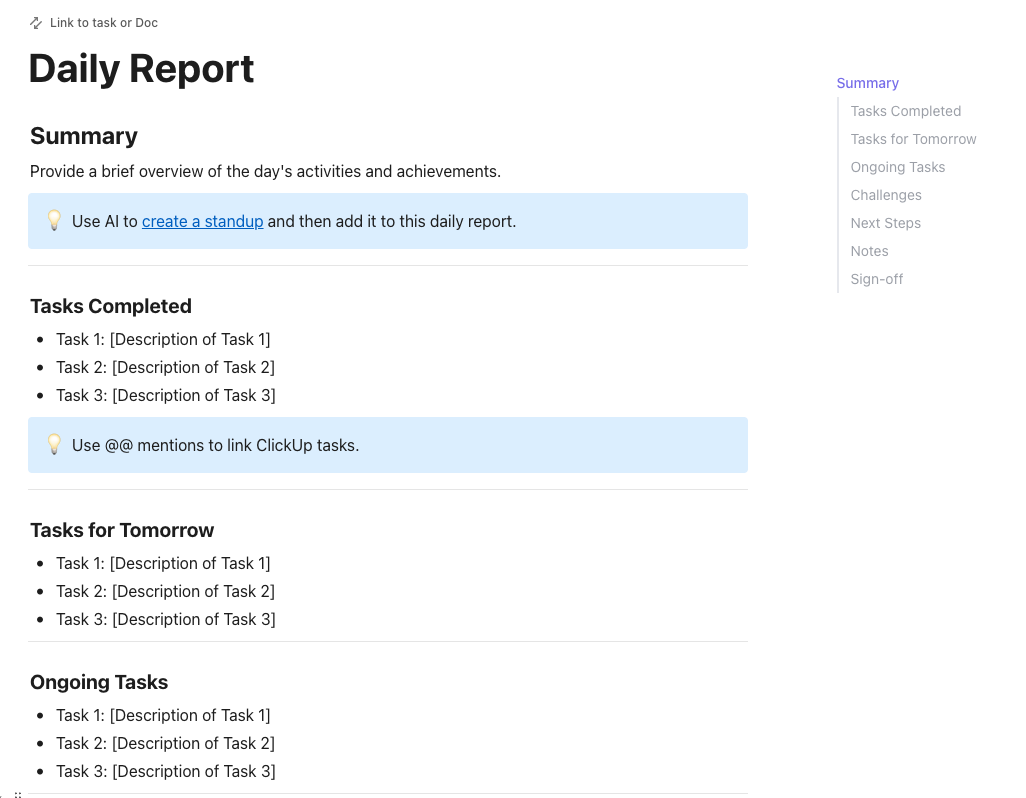 ClickUp Client Daily Report Template