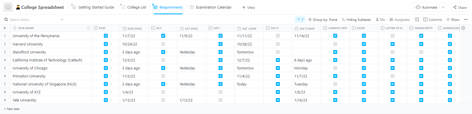 ClickUp College-spreadsheetsjabloon