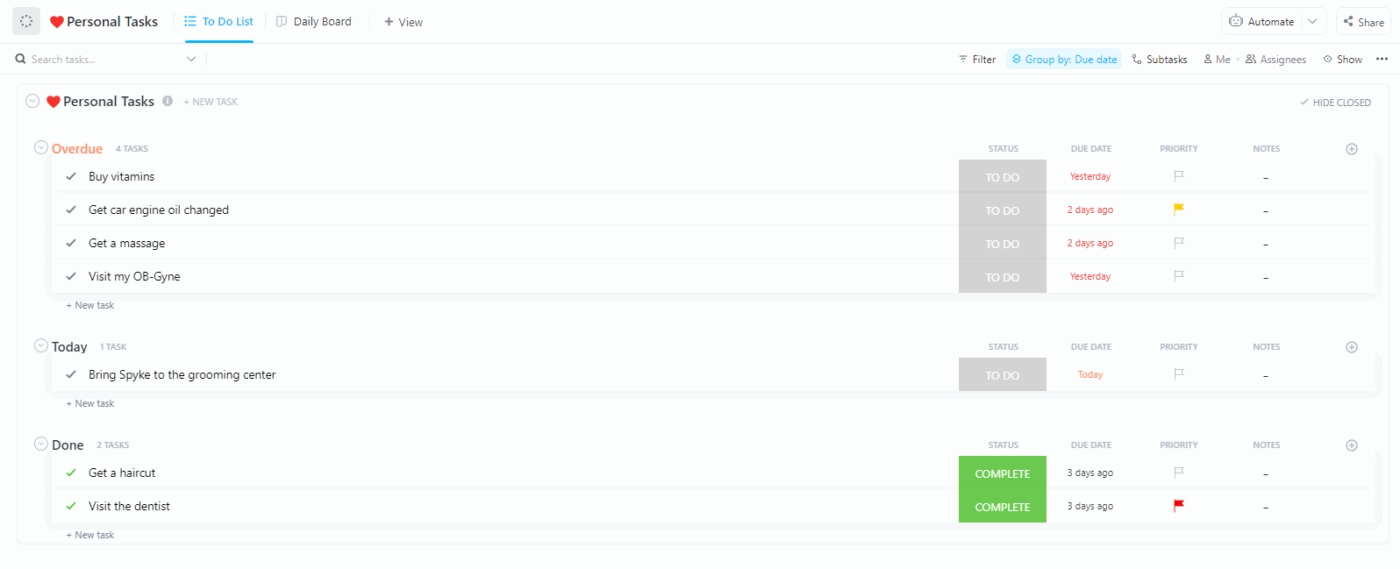 ClickUp-sjabloon voor dagelijkse planner