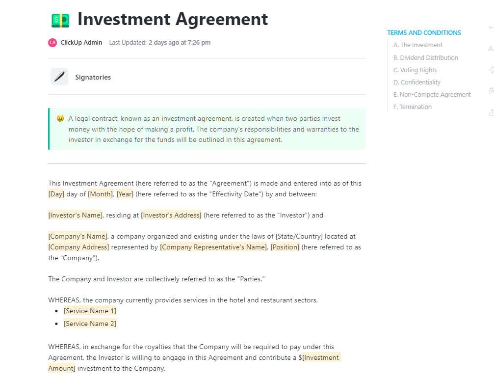 ClickUp Investment Agreement Template