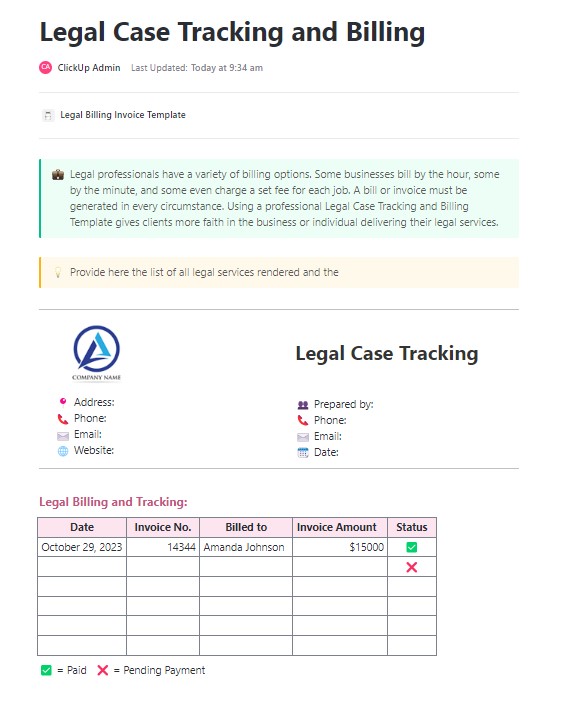 ClickUp Legal Case Tracking and Billing Template
