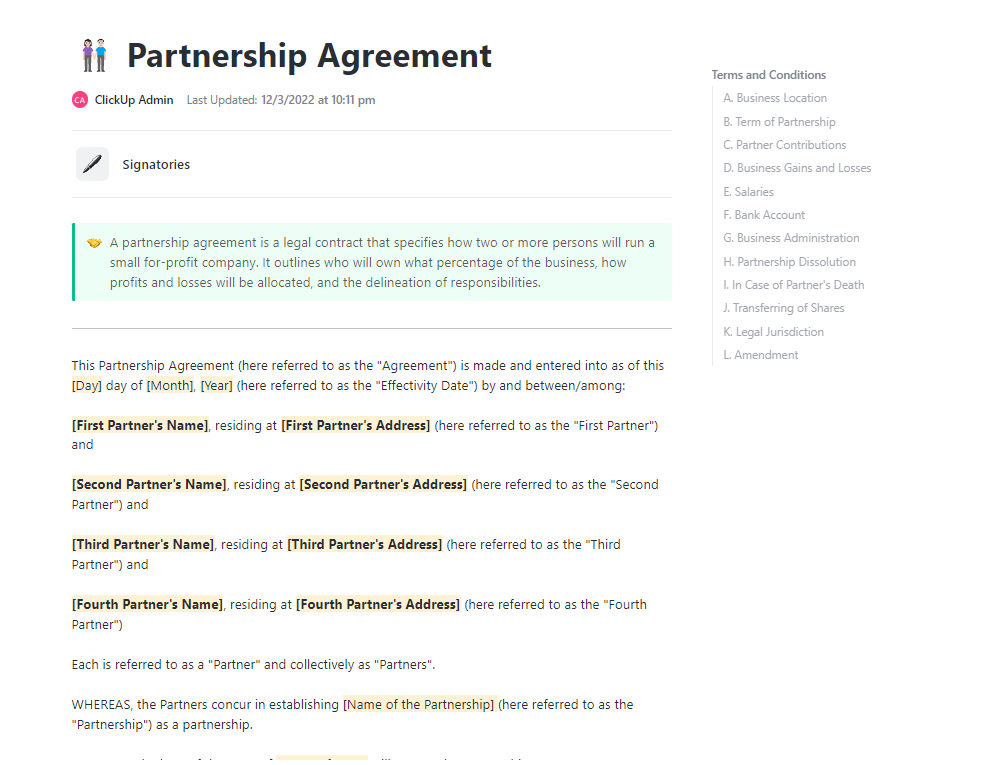 ClickUp Partnership Agreement Template- Legal Template