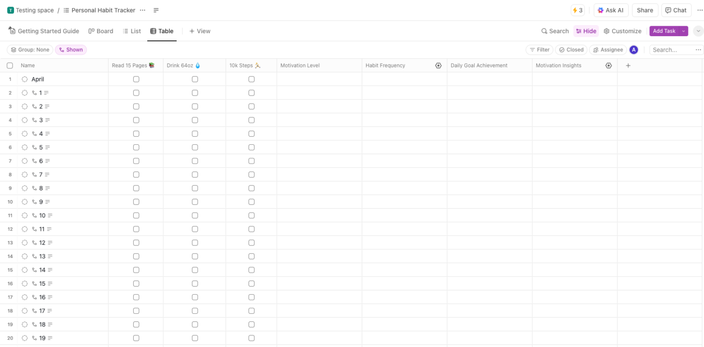 ClickUp-sjabloon voor het bijhouden van persoonlijke gewoontes