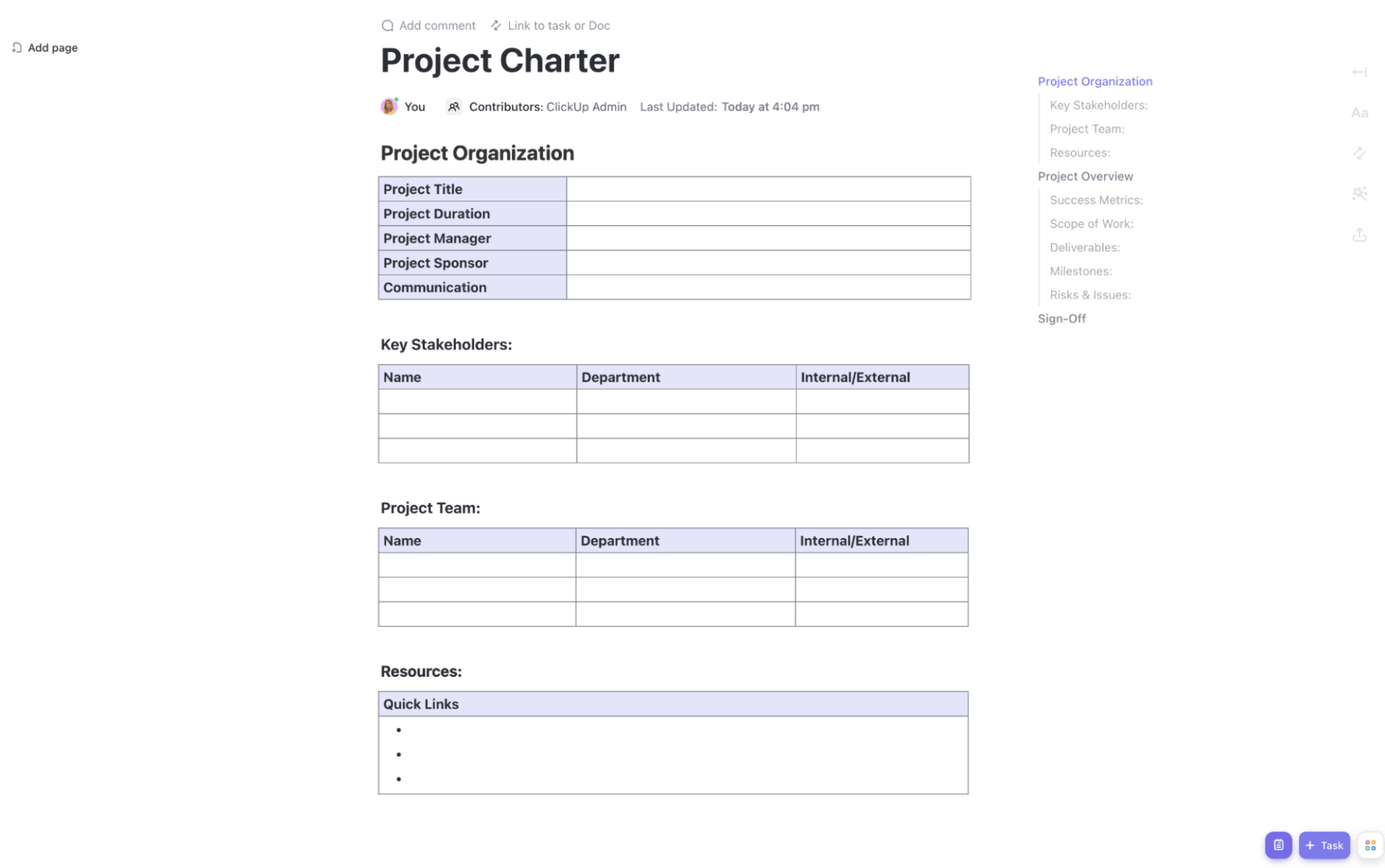 ClickUp Project Charter Template: Define scope goals stakeholders and success metrics to kick off projects with clarity