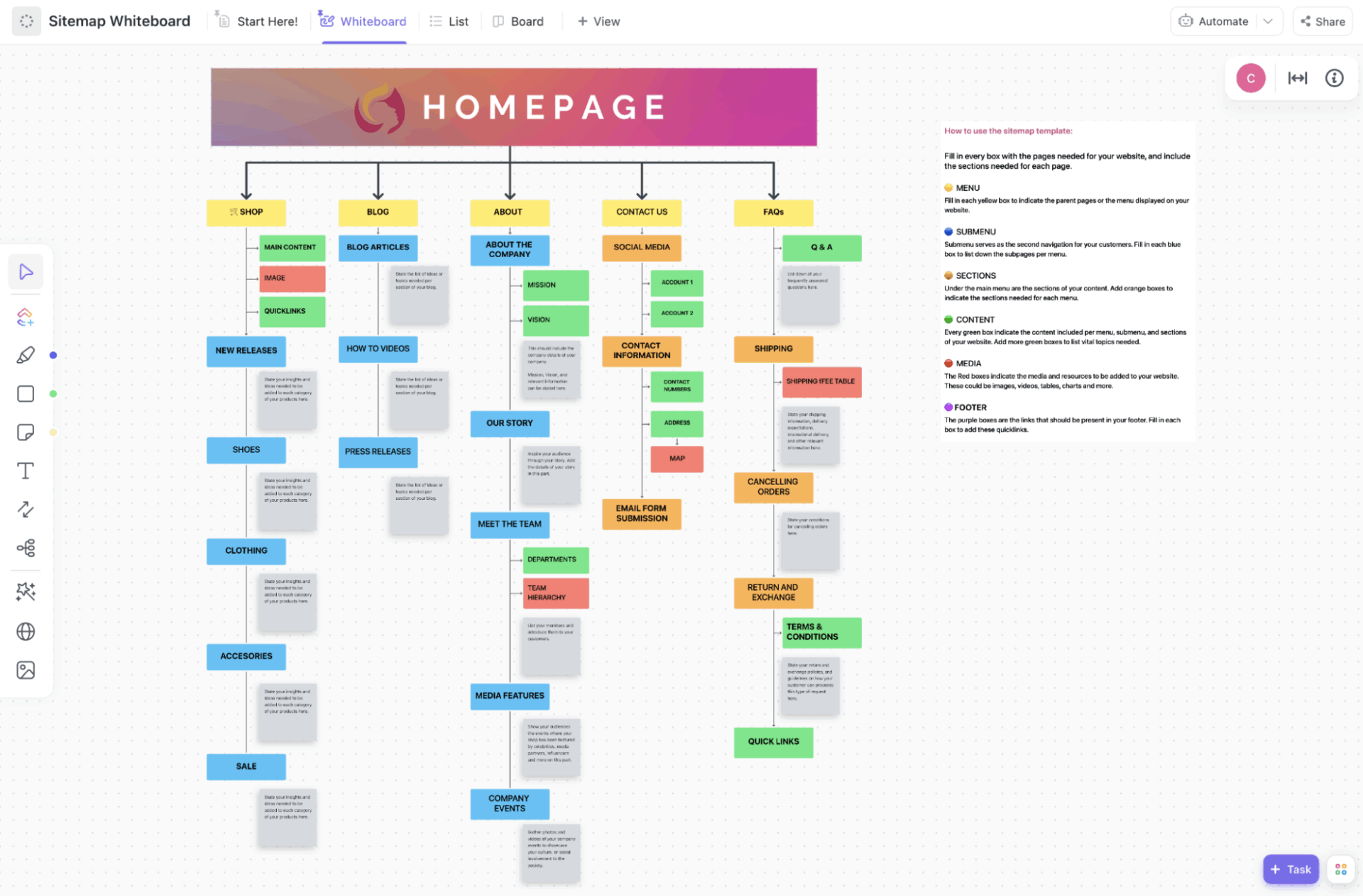 ClickUp Sitemap Whiteboard