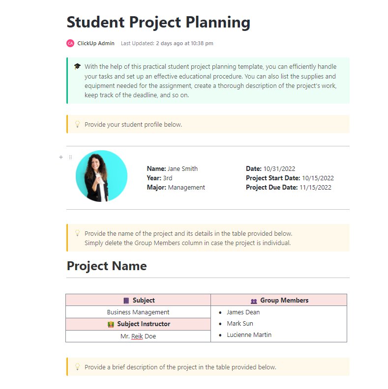ClickUp-sjabloon voor projectplanning voor studenten