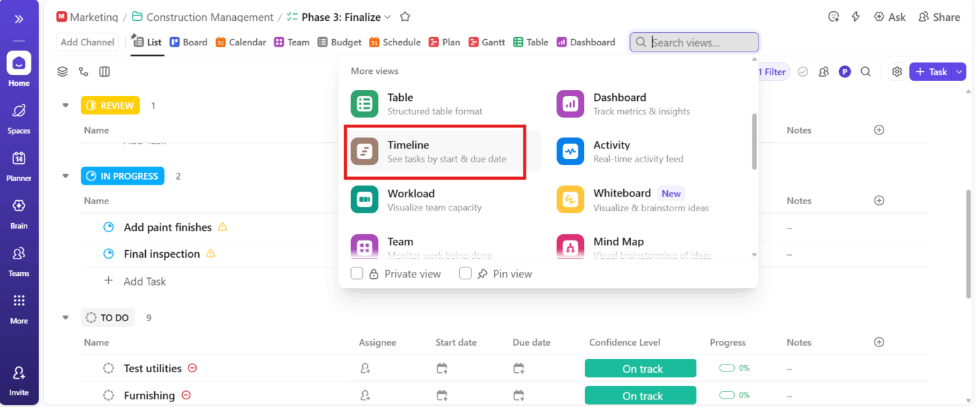 Use ClickUp Timeline View in just a click process