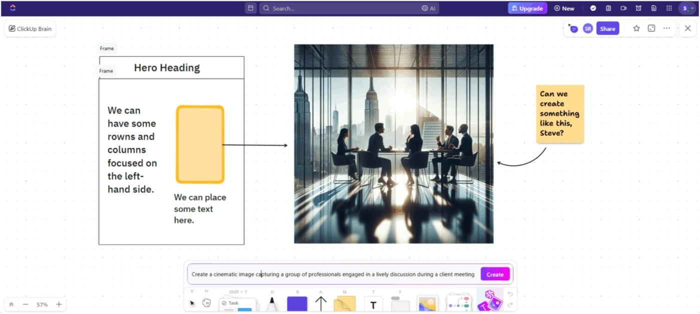ClickUp Whiteboards: Brainstorm and generate mockups with AI