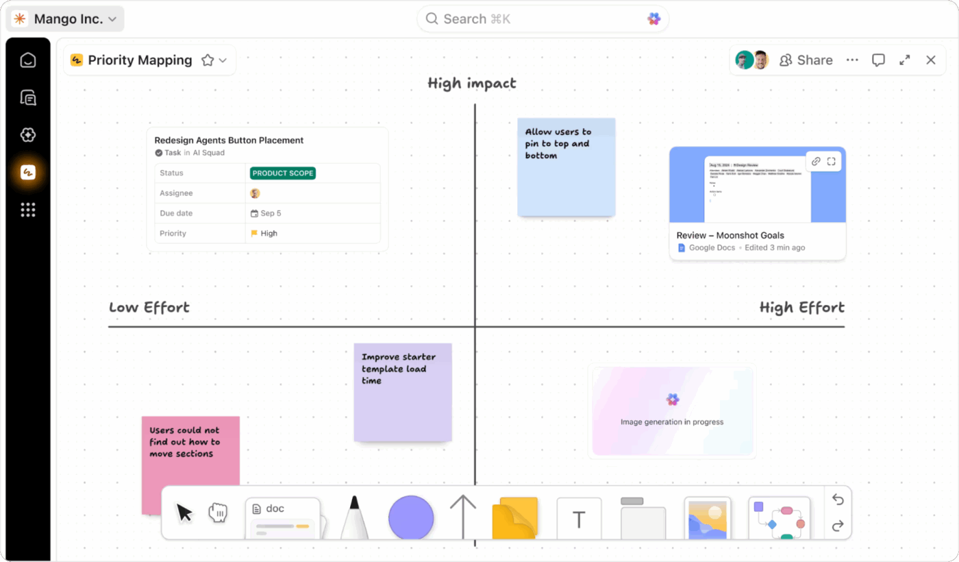 ClickUp Whiteboards: Visual mapping space helping teams explore ideas and link them directly to actionable work items