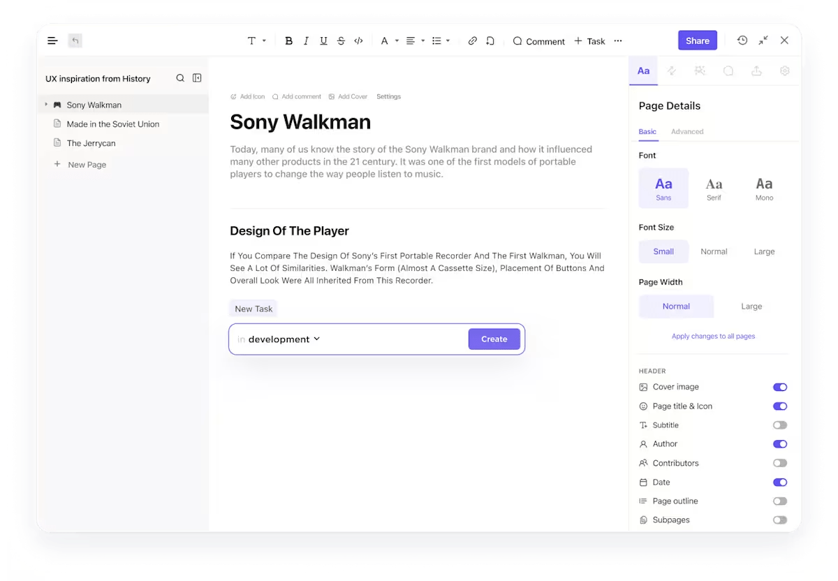 Co-edit & keep feedback threaded with ClickUp Docs