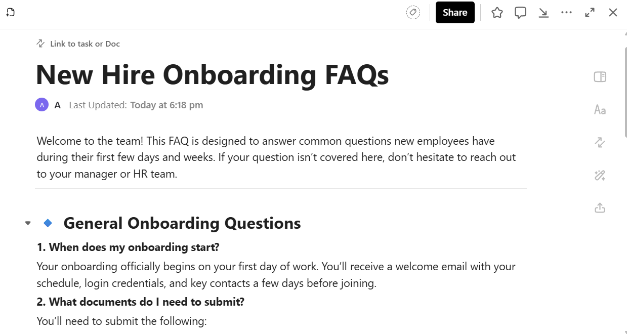 Create and organize FAQs, onboarding guides, and HR policies in ClickUp Docs