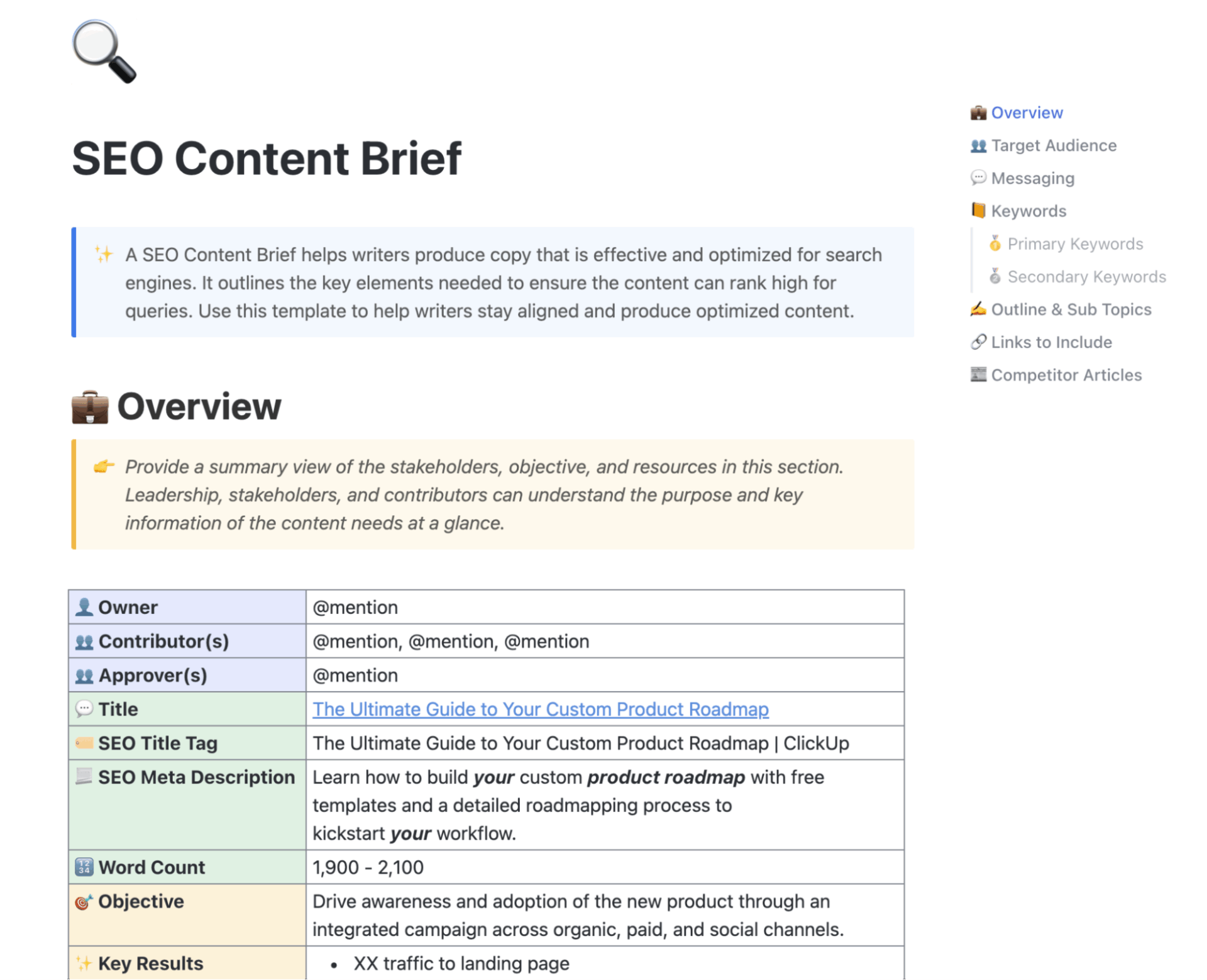Create detailed, SEO-optimized content plans with the ClickUp SEO Content Brief Template
