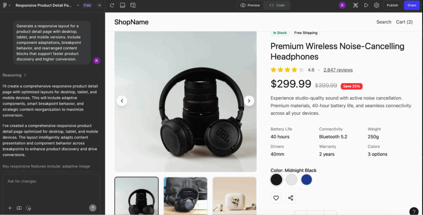 Figma AI prompts for different options to design product pages