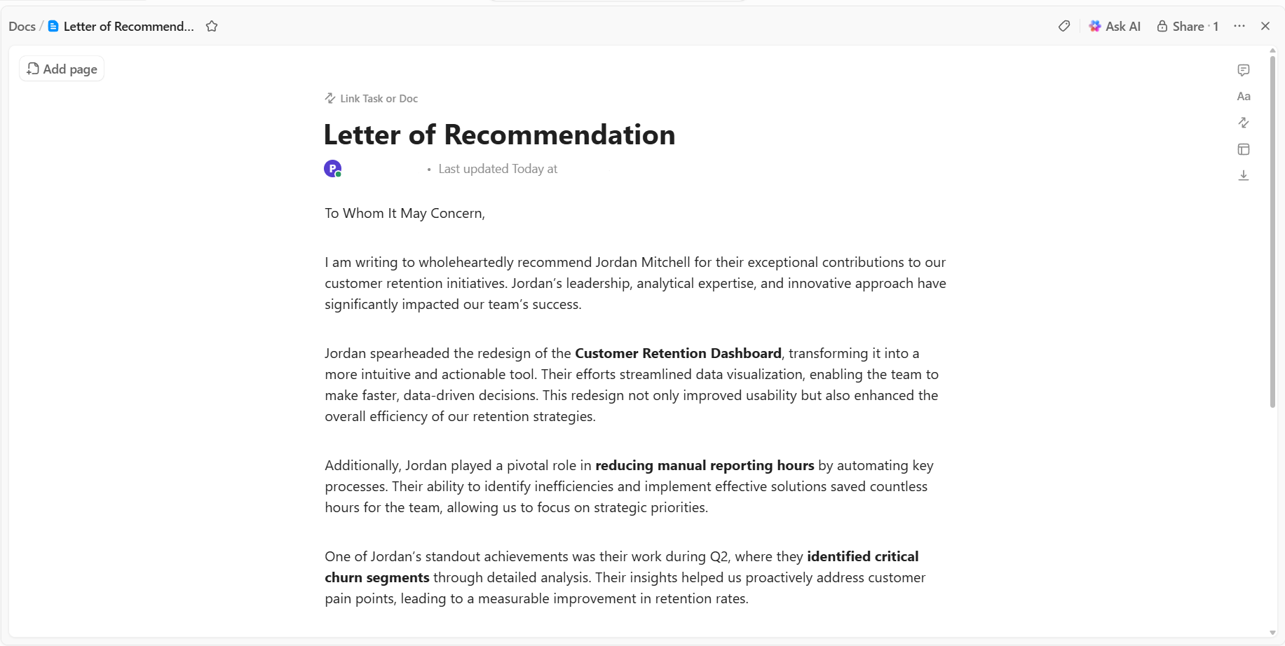 ClickUp Docs: Draft LOR content in one organized place and keep every recommendation detail centralized