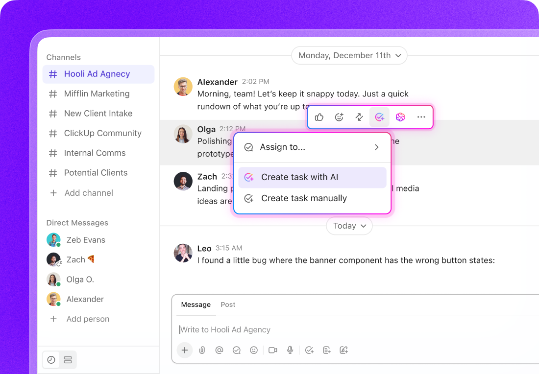 Create and assign tasks instantly—without ever leaving your chat