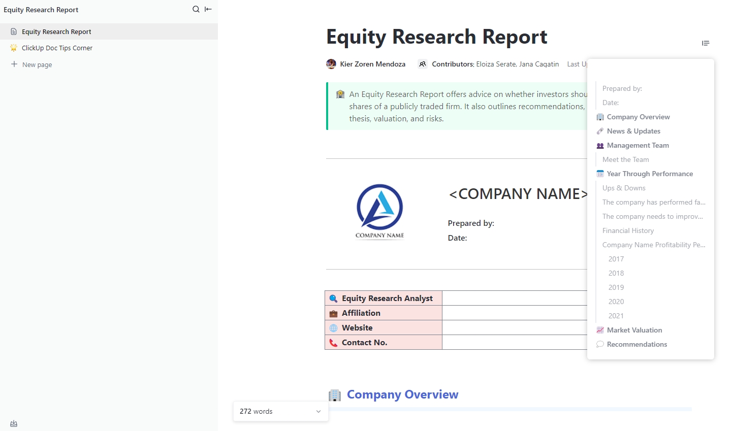 Equity Research Report Template by ClickUp