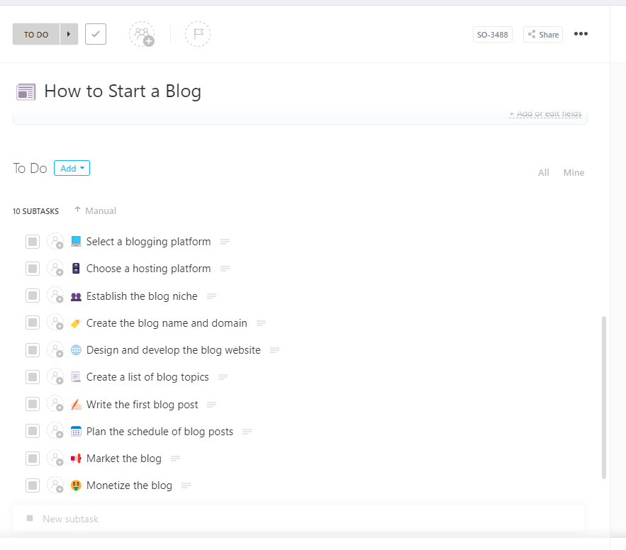 Follow a clear step-by-step checklist for launching your first blog using the ClickUp How to Start a Blog Template