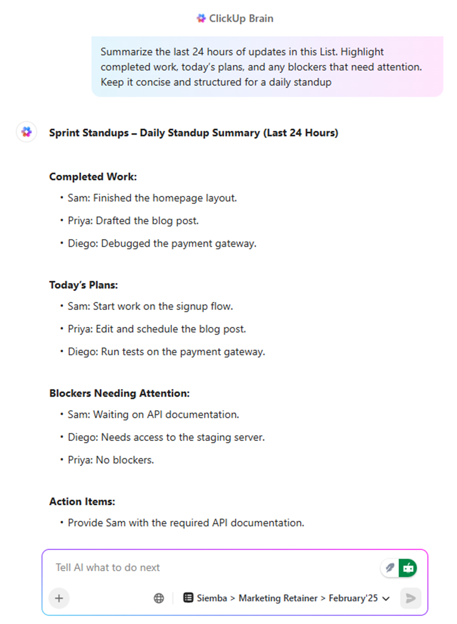 Generate ai-powered status updates for standups- ClickUp Brain