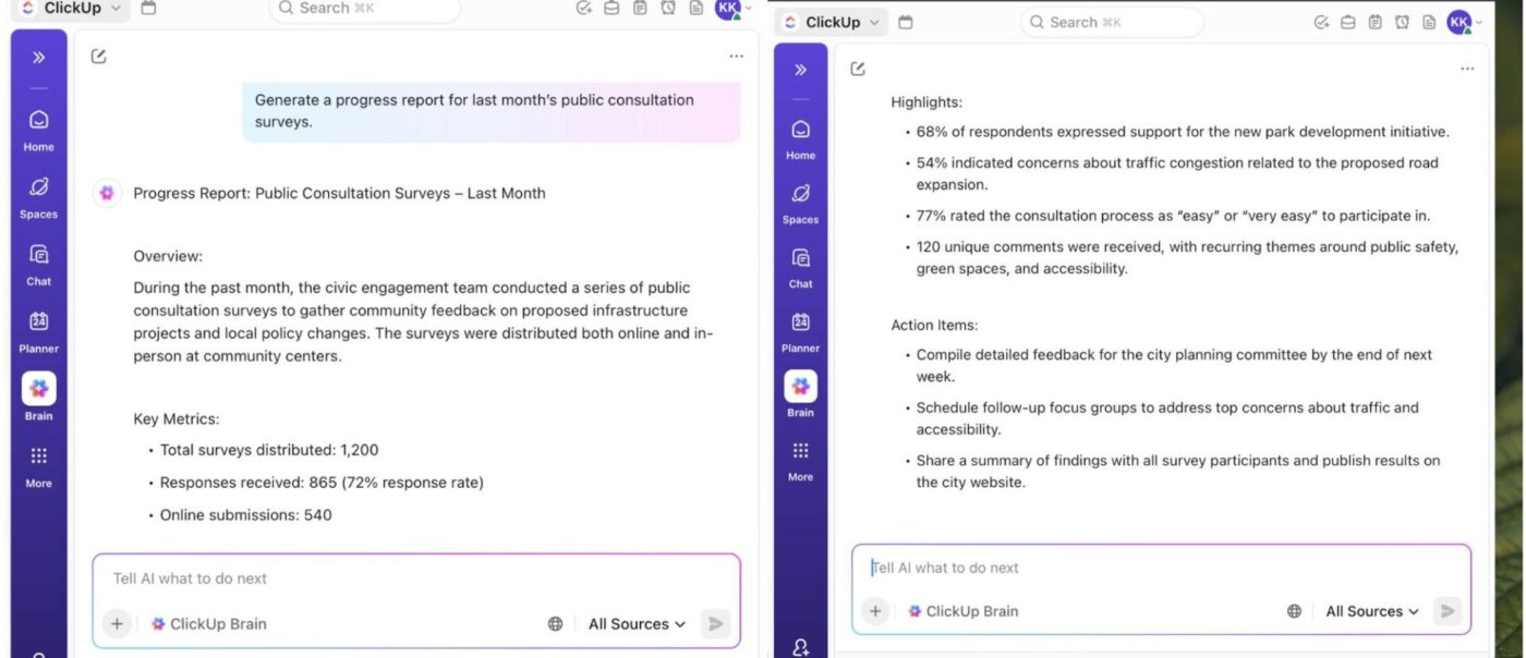 ClickUp Brain: AI-powered assistant that analyzes workspace context and suggests task improvements and next steps