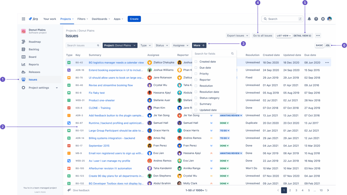 Jira: Projects and issues view to track tasks with paid plan options and support for issue level security