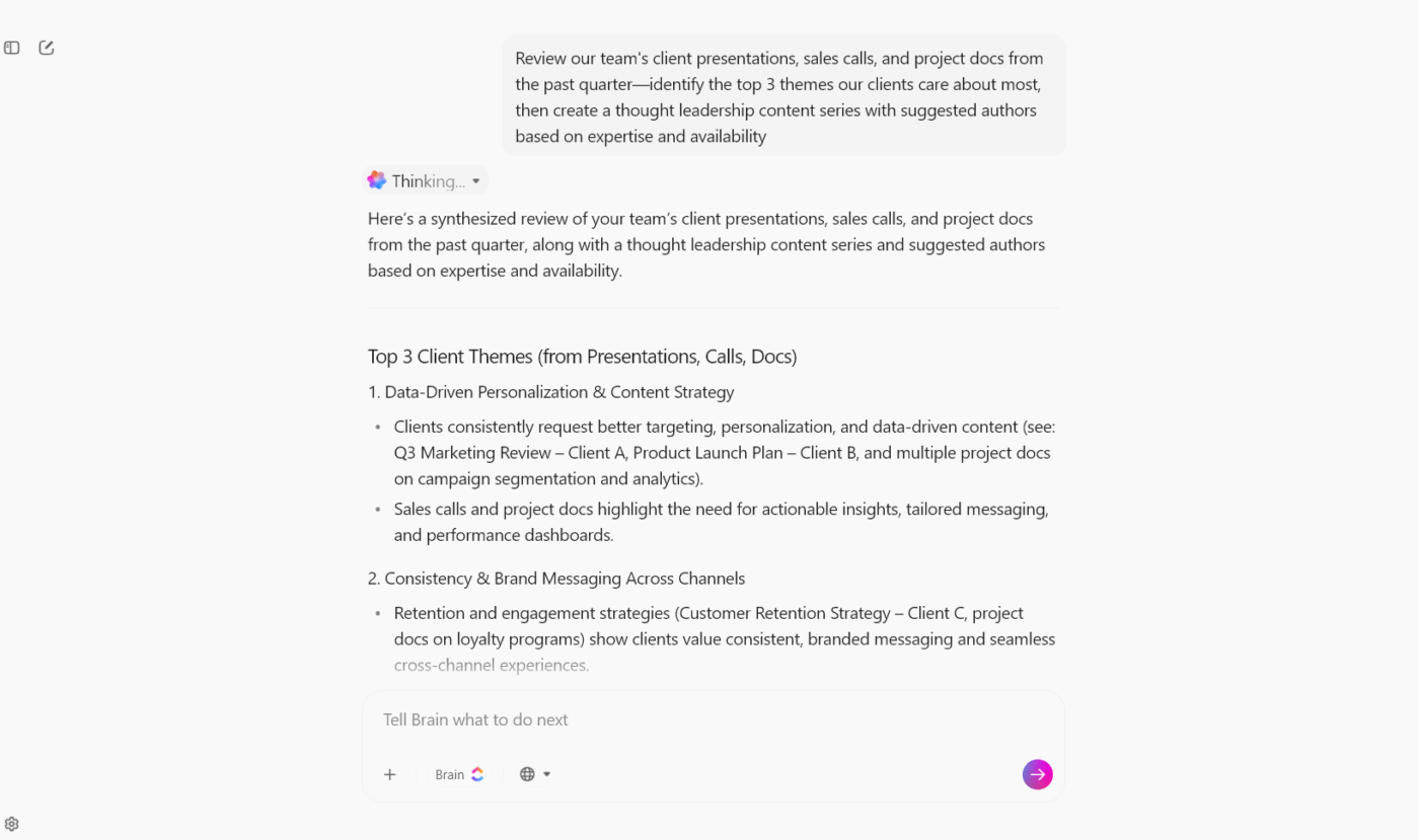 ClickUp Brain MAX: Share publication dates and themes with your entire team