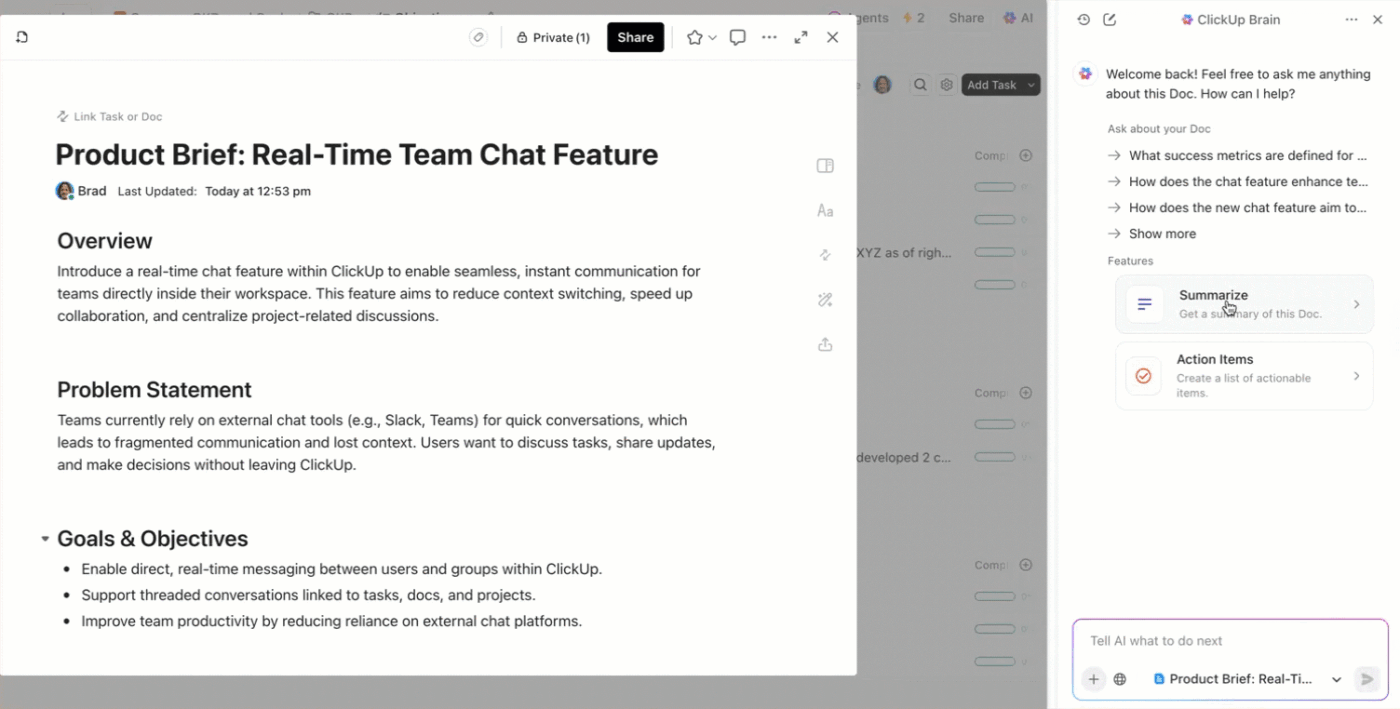 Use ClickUp Docs to reflect on your sessions and build a living archive of your creative rhythm