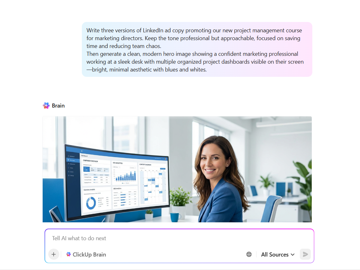 ClickUp Brain: LinkedIn ads guide to offer industry insights