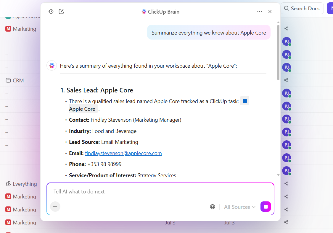 ClickUp Brain: Request a detailed breakdown of leads in your pipeline