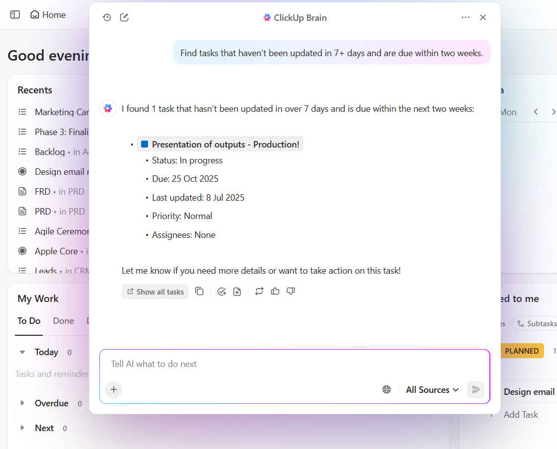 ClickUp Brain: Create project plans and track status changes