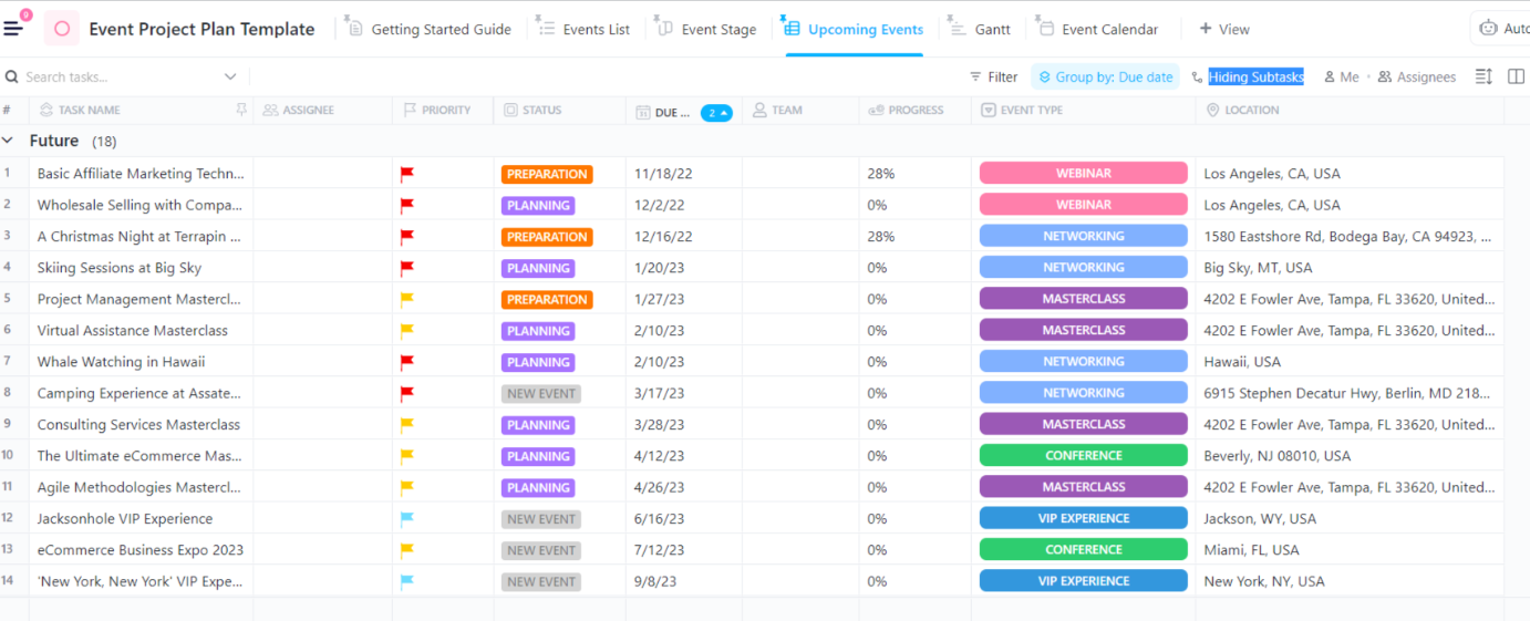 Map out every wedding event and organize tasks by dates and phases to keep all pre-wedding and wedding-day activities on track with the ClickUp Event Project Plan Template : Notion wedding plan templates
 
