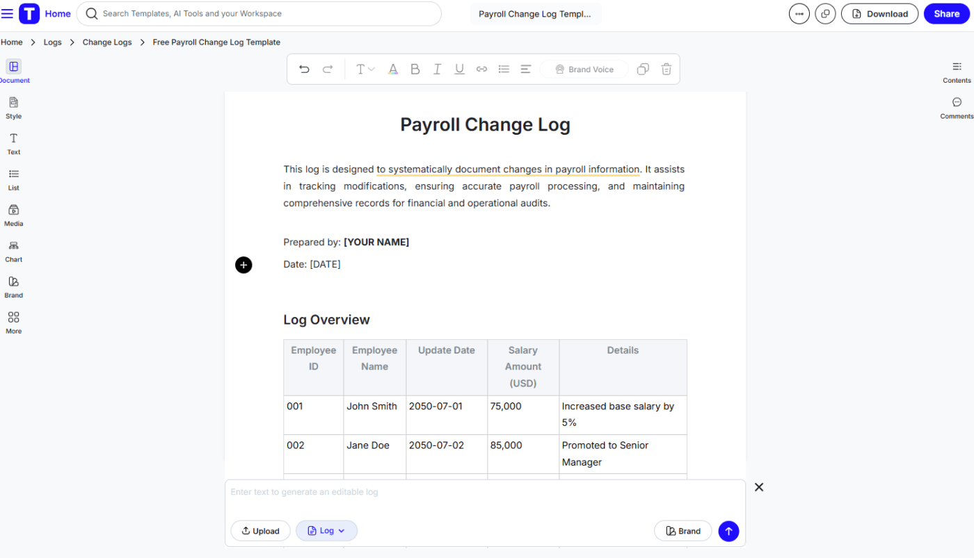 Payroll Change Log by Template.net- payroll budget template