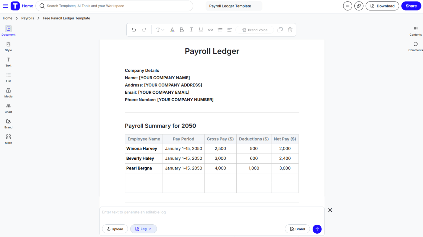 Payroll Ledger Template by Template.net- payroll budget template