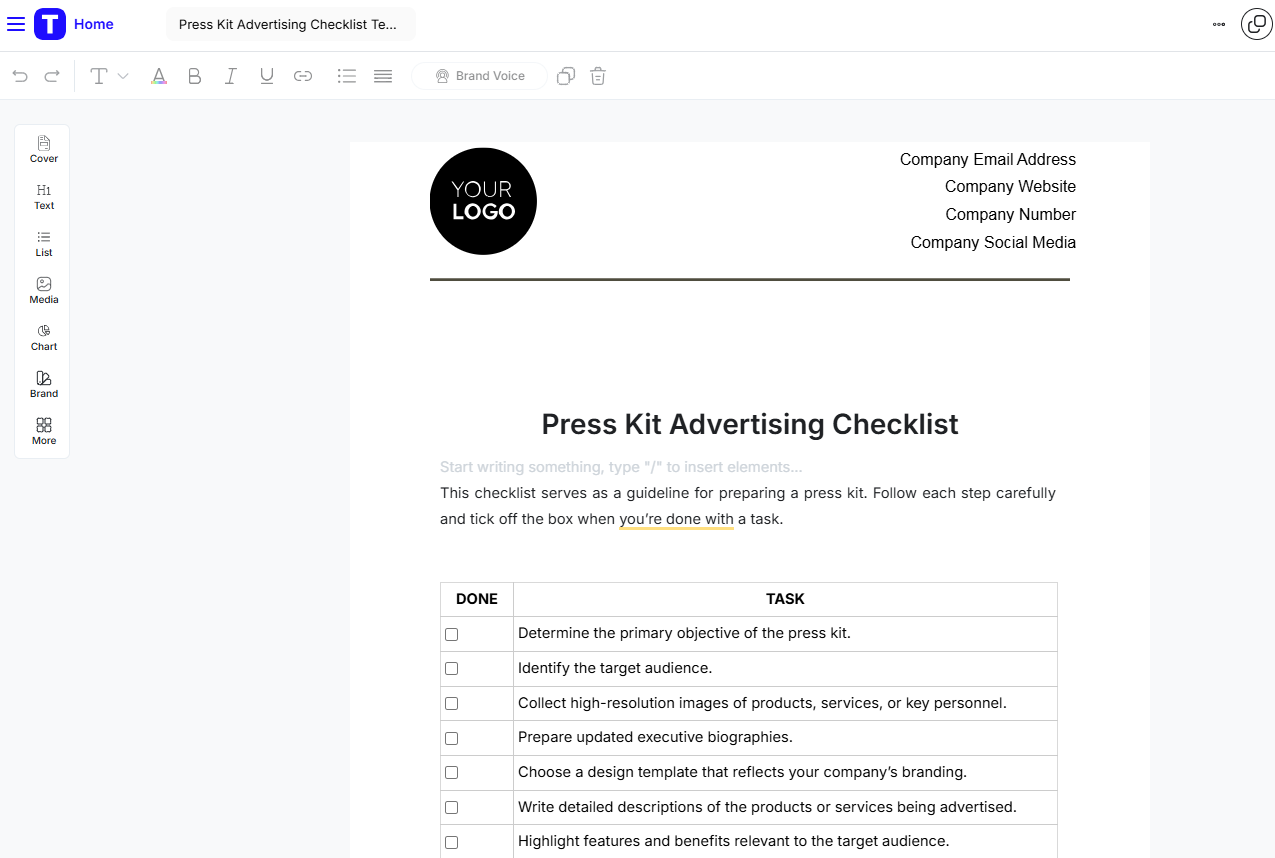 Press Kit Advertising Checklist Template by Template.Net- Press Kit Template