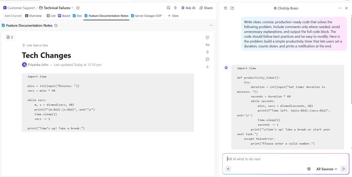 ClickUp Brain in Docs: Simplify fact checking against internal docs