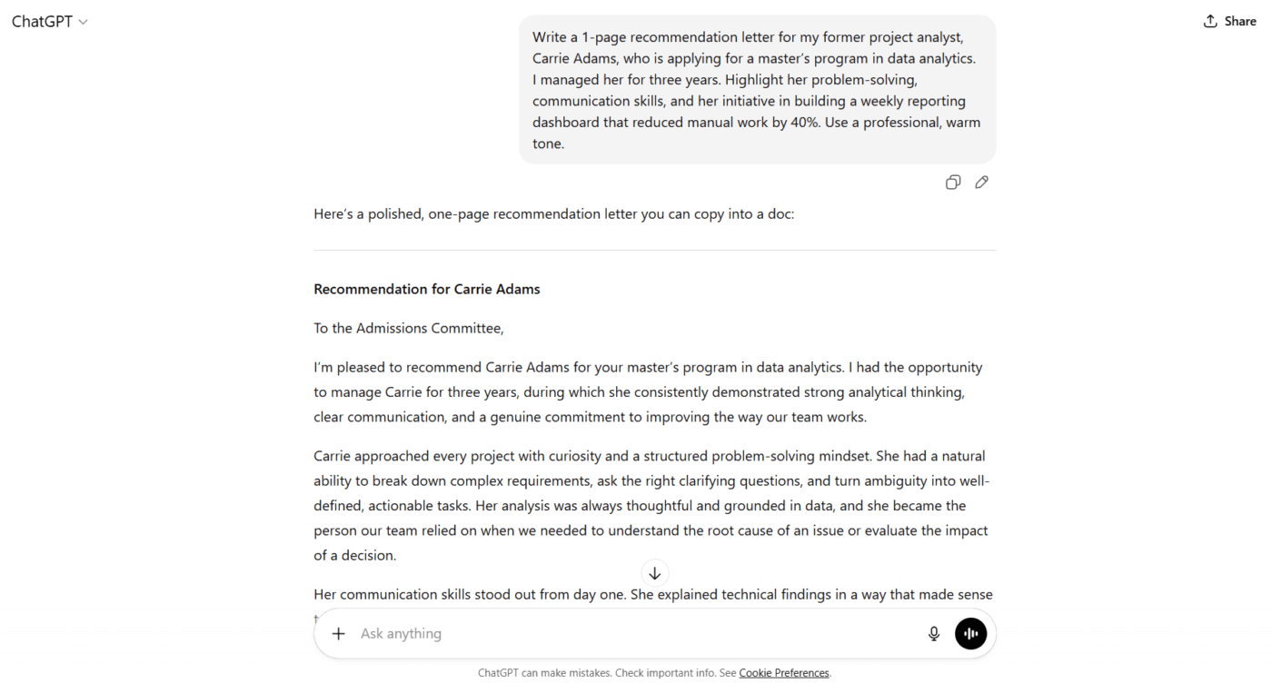 ChatGPT: Mention specific details and suggestions to add in your prompt to create a LOR, ensuring efficiency
