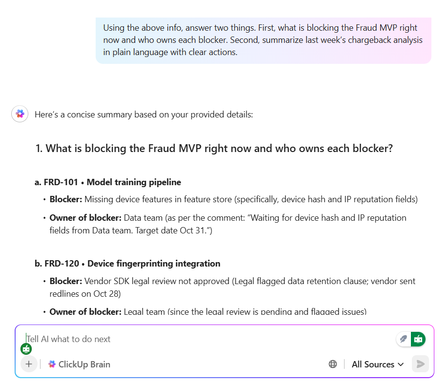 Propose next steps with ClickUp Brain