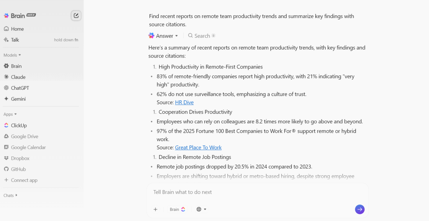 ClickUp Brain MAX: Run web search for specific queries