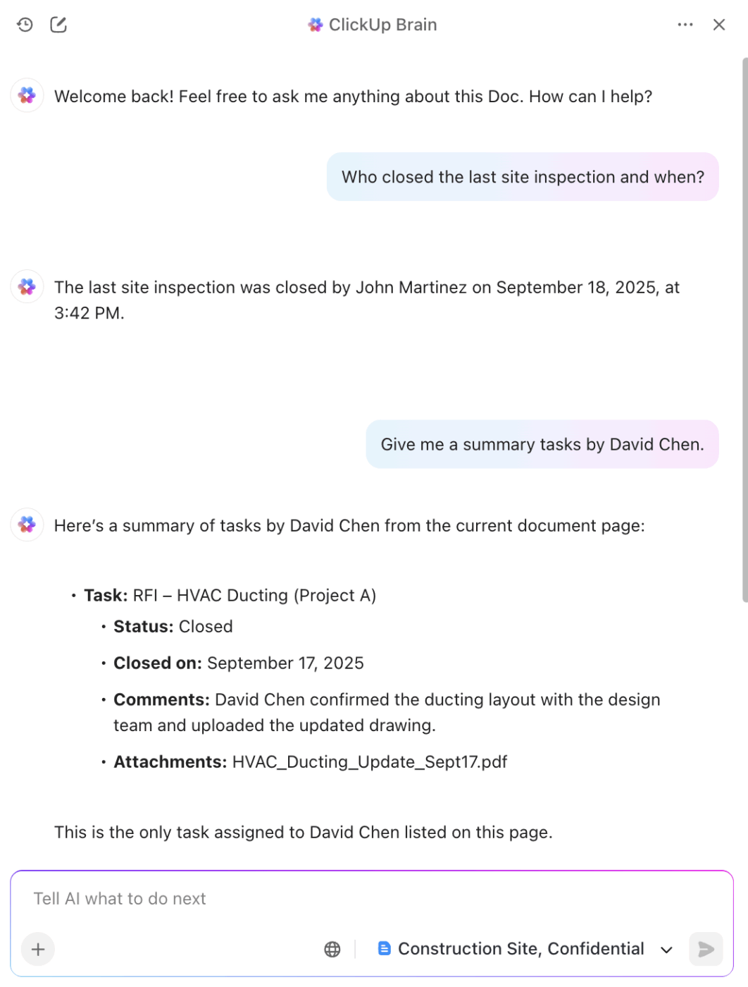 Query updates and retrieve documents instantly with ClickUp Brain: how to choose construction management software